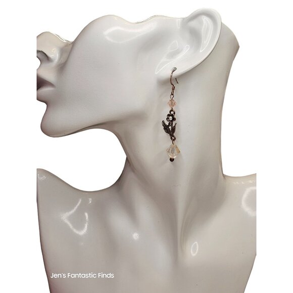 Floral Drop Earrings With AB Crystal Beads & Bronze Detailing - Picture 3 of 5